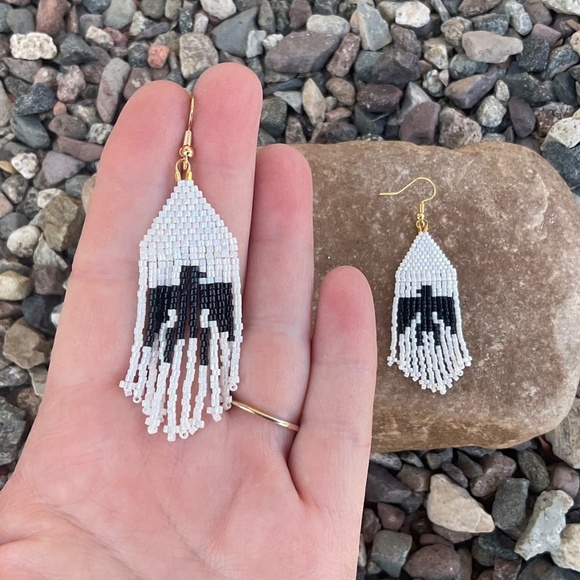 White and Black Thunderbirds Beaded Earrings with Fringe, New, Handmade by Me - Picture 3 of 5